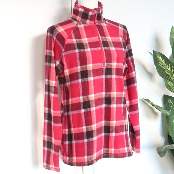 Eddie Bauer Red Plaid Ultra Soft Fleece 1/4 Zip Long Sleeve Pullover Top Medium - Picture 4 of 12